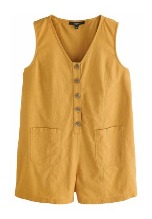 Hořčicově žlutý overal bez rukávů s výstřihem do V, pěti knoflíkovým zapínáním vpředu, dvěma velkými předními kapsami a strukturovanou tkaninou.