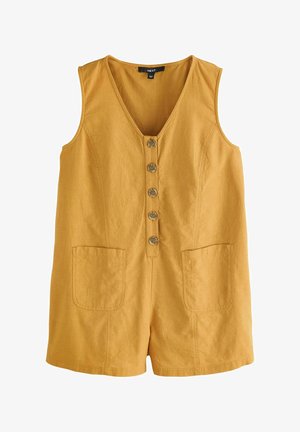Svetloružový bezrukávový overal v horčicovej farbe s výstrihom do V, predným zapínaním na päť gombíkov, dvomi veľkými prednými vreckami a textúrovaným povrchom.
