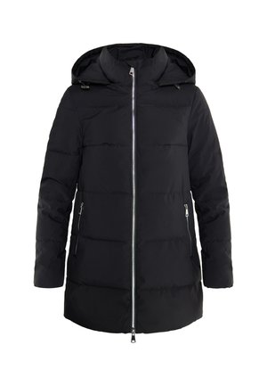 Zwarte pufferjack met een capuchon, voorritssluiting en twee zijzakken. Heeft horizontale stiksels en een gladde, matte afwerking.