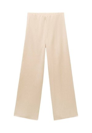 Beige wide-leg trousers with a smooth texture and a flat waistband, featuring a clean design and no visible patterns or hardware.