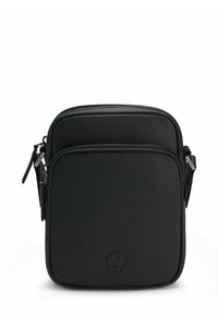 Borsa a tracolla in pelle nera con superficie strutturata, scomparto principale con cerniera e tasca frontale. Presenta un logo in rilievo sulla parte anteriore.