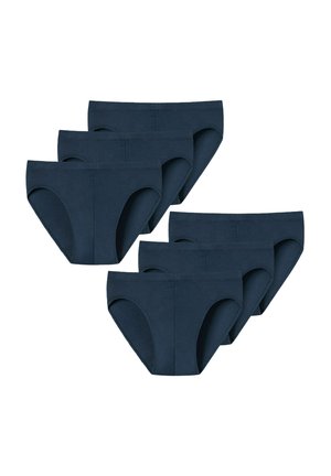Six pairs of plain dark blue men's briefs arranged in two staggered rows on a white background.