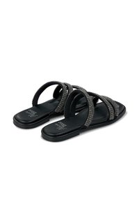 Black slide sandals featuring three textured straps embellished with small rhinestones, flat sole, and smooth inner lining.