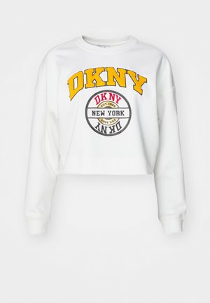Hvid cropped sweatshirt med rund halsudskæring, prydet med flerfarvet broderet "DKNY" og "NEW YORK" grafik på forsiden.