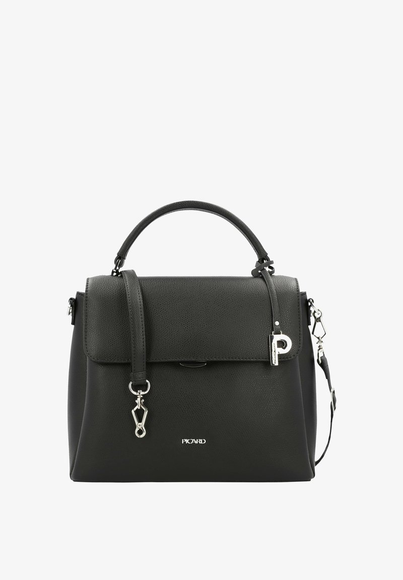 Black textured leather handbag with a top handle and detachable shoulder strap. Features silver hardware and a logo accent on the front.