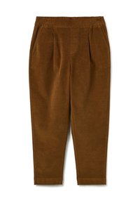 Pantaloni in corduroy marrone con vita elastica, dotati di due tasche frontali e un design a gamba affusolata. Tessuto liscio con pieghe ben visibili.