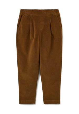 Pantalones de pana marrón con cinturilla elástica, que presentan dos bolsillos frontales y un diseño de pierna estrecha. Textura suave con pliegues notables.