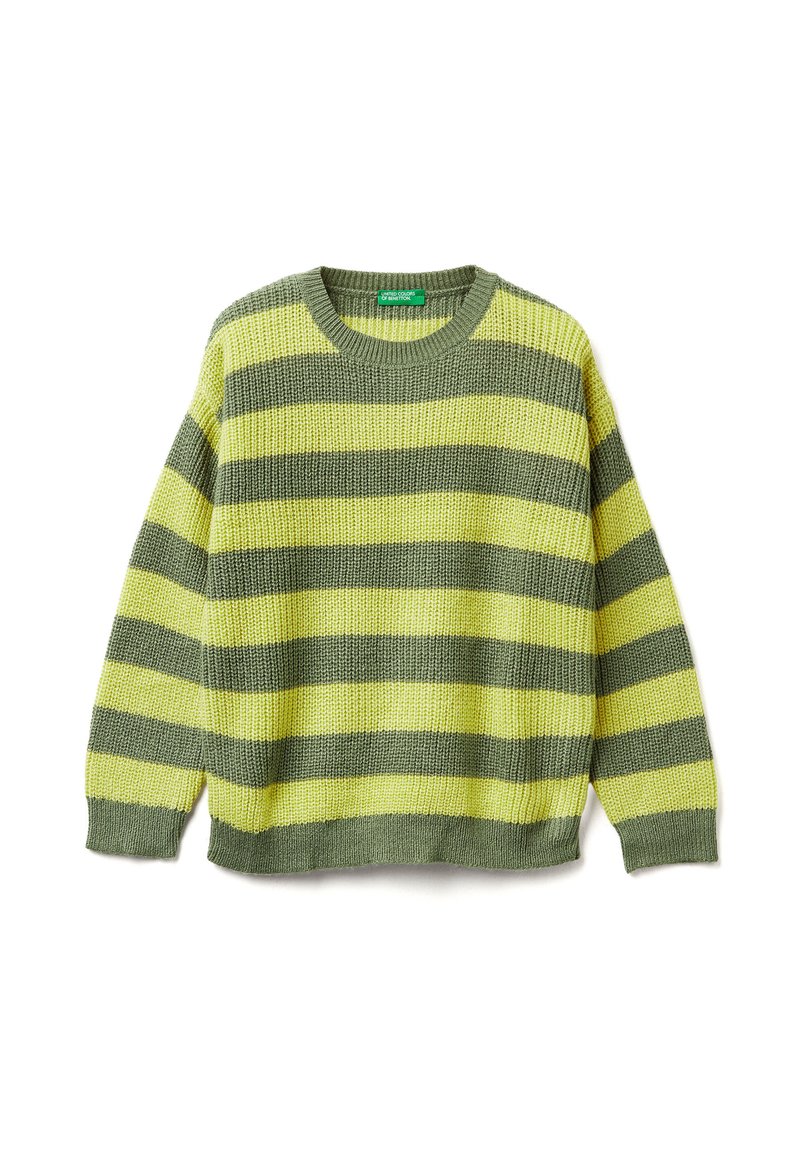 Pletený svetr s horizontálními pruhy v zelené a žluté barvě. Má kulatý výstřih, dlouhé rukávy a žebrované manžety a lem. Texturovaná tkanina.