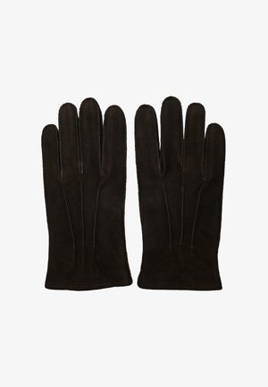 Gants en daim marron avec une texture lisse, cinq doigts et des coutures contrastantes le long des seams. Intérieur non doublé pour une sensation légère.