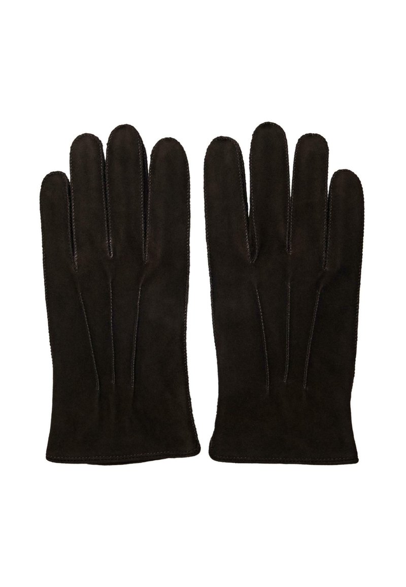 Guanti in suede marrone con una texture liscia, cinque dita e cuciture a contrasto lungo le seam. Interno non foderato per una sensazione leggera.
