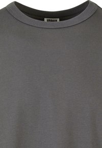Graues Baumwoll-T-Shirt mit rundem Halsausschnitt. Verfügt über einen kontrastierenden schwarzen Innenkragen. Glatte Textur mit schlichter Gestaltung.