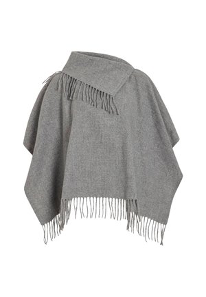 Myk grå ullponcho med frynser i kantene og en bred krage, drapert løst for en avslappet passform.