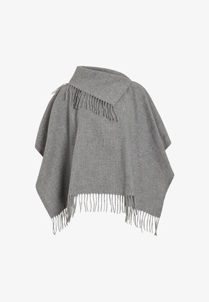 Mjukt grått ullponcho med fransade kanter och en bred krage, hängde löst för en avslappnad passform.
