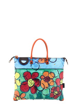 Borsa tote con manici arancioni con fiori astratti colorati e cerchi su sfondo verde, rosso, arancione, giallo e blu.