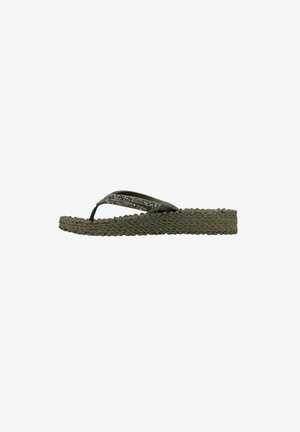 Olive green flip-flop with a textured woven sole and a decorative strap featuring metallic accents. Low-profile design with a smooth finish.