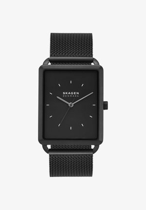Schwarze rechteckige Skagen-Armbanduhr mit minimalistischem Zifferblatt, silbernen Zeigern, dünnen Stundenmarkierungen und schwarzem Mesh-Armband.