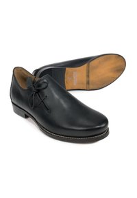 Schwarze Lederschuhe mit glatter Textur, runder Spitze, Schnürverschluss und einer hellbraunen Gummisohle. Mit gestickten Akzenten.