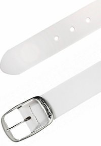 White leather belt featuring a rectangular silver metal buckle with embossed logo, smooth texture, and evenly spaced adjustment holes.