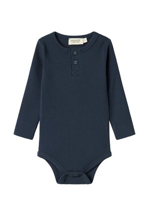 Sotuin sininen, pitkähihainen ribbikangasbodysuit, jossa on napitettavat henley-kaulus ja neppareilla suljettava alaosa, valmistettu pehmeästä kankaasta.