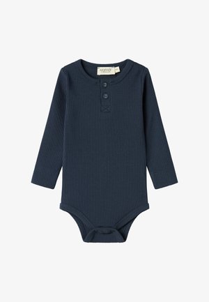 Marineblauer, langärmeliger, gerippter Bodysuit mit einer geknöpften Henley-Kraag und Druckknopfverschluss am Boden, aus weichem Stoff gefertigt.