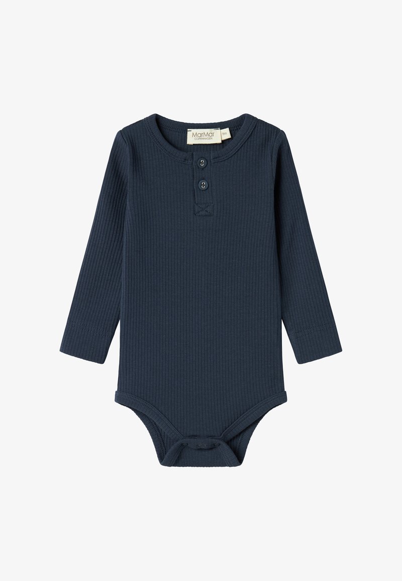 Body blu navy a maniche lunghe in rib con colletto henley bottonato e chiusura a scatto sul fondo, realizzato in tessuto morbido.