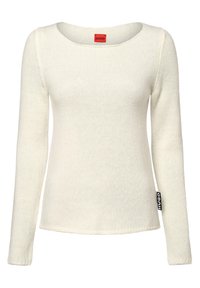 Lange mouwen gebreide trui in off-white met een brede halslijn en een zwart label met "HUGO" aan de zijkant. Zachte textuur en aansluitend ontwerp.
