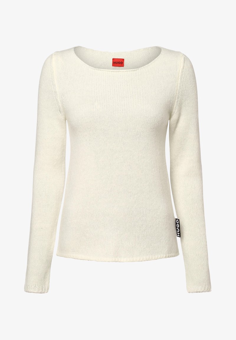 Lange mouwen gebreide trui in off-white met een brede halslijn en een zwart label met "HUGO" aan de zijkant. Zachte textuur en aansluitend ontwerp.
