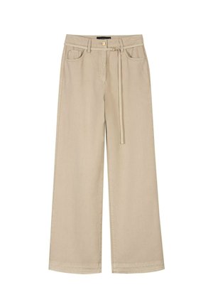 Beige wide-leg pants with a high waist, front button and zipper, front pockets, belt loops, and a long thin belt detail.