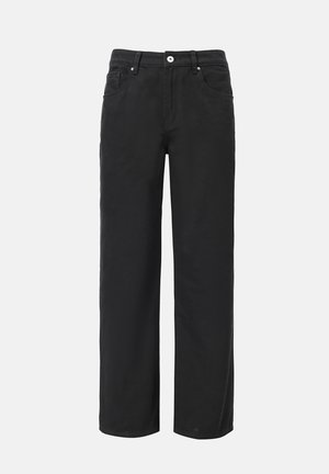 Schwarze weit geschnittene Baumwollhosen mit vier Taschen, Frontknopfverschluss und klassischem Jeansdesign. Glatte Textur, ohne sichtbare Muster.