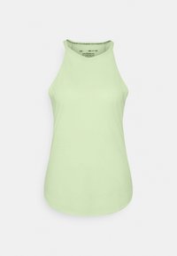 Světle zelený bezrámový top s kulatým výstřihem, vyrobený z měkké tkaniny. Má hladkou strukturu a zakřivený lem na spodní straně.