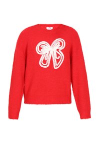 Rode gebreide trui met een zachte textuur, met in het midden een wit geborduurd strikontwerp. Ronde halslijn en lange mouwen.