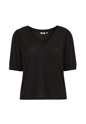 Schwarze Kurzarmbluse mit dezentem Chevron-Muster, V-Ausschnitt und leicht gepufften Ärmeln mit umgeschlagenen Säumen.