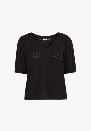 Black short-sleeve blouse with subtle chevron pattern, V-neck, and slightly puffed sleeves with cuffed hems.