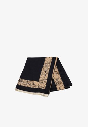 Sciarpa di cotone con corpo nero e motivo beige di francobolli e biglietti lungo un bordo. Il design è completato da estremità con frange.