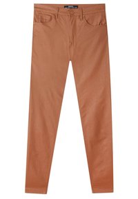 Braune Stretch-Skinny-Jeans aus Denim mit Fünf-Taschen-Design, dezenten Waschungen und Knopf- sowie Reißverschluss. Glatte Textur.