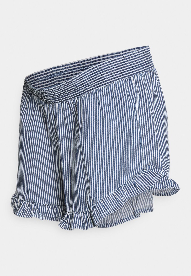 Striped shorts with a wide, elastic waistband. Fabric features blue and white vertical stripes. Ruffled edges along the hem add detail.