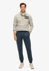 Lichtgrijze pullover met een kraag en marineblauw logo, gecombineerd met marineblauwe joggingsbroeken. Beige sneakers maken de outfit compleet.