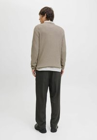 Un pull en beige texturé porté par-dessus une chemise blanche à col, associé à un pantalon foncé et des chaussures noires. Le pull a une coupe décontractée et des poignets côtelés.