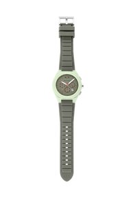 Round watch with a mint green silicone case and gray rubber strap. Gray dial features red accents and sub-dials. Silver buckle closure.