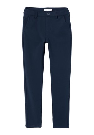 Marineblå bukser med lige ben, knap- og lynlås-lukning, bæltestropper og sidelommer.