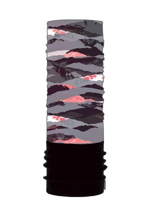 Gaiter de cuello multifuncional hecho de tela sintética, con un patrón de montañas grises y acentos en rosa y blanco. Base negra.