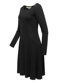 Black long-sleeve dress made of soft fabric, featuring a round neckline, curved seam detailing, and a flared silhouette with a knee-length hem.