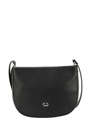 Schwarze Lederschultertasche mit strukturierter Oberfläche, silbernen Beschlägen und einem Logoakzent auf der Vorderseite. Verstellbarer Schultergurt ist enthalten.