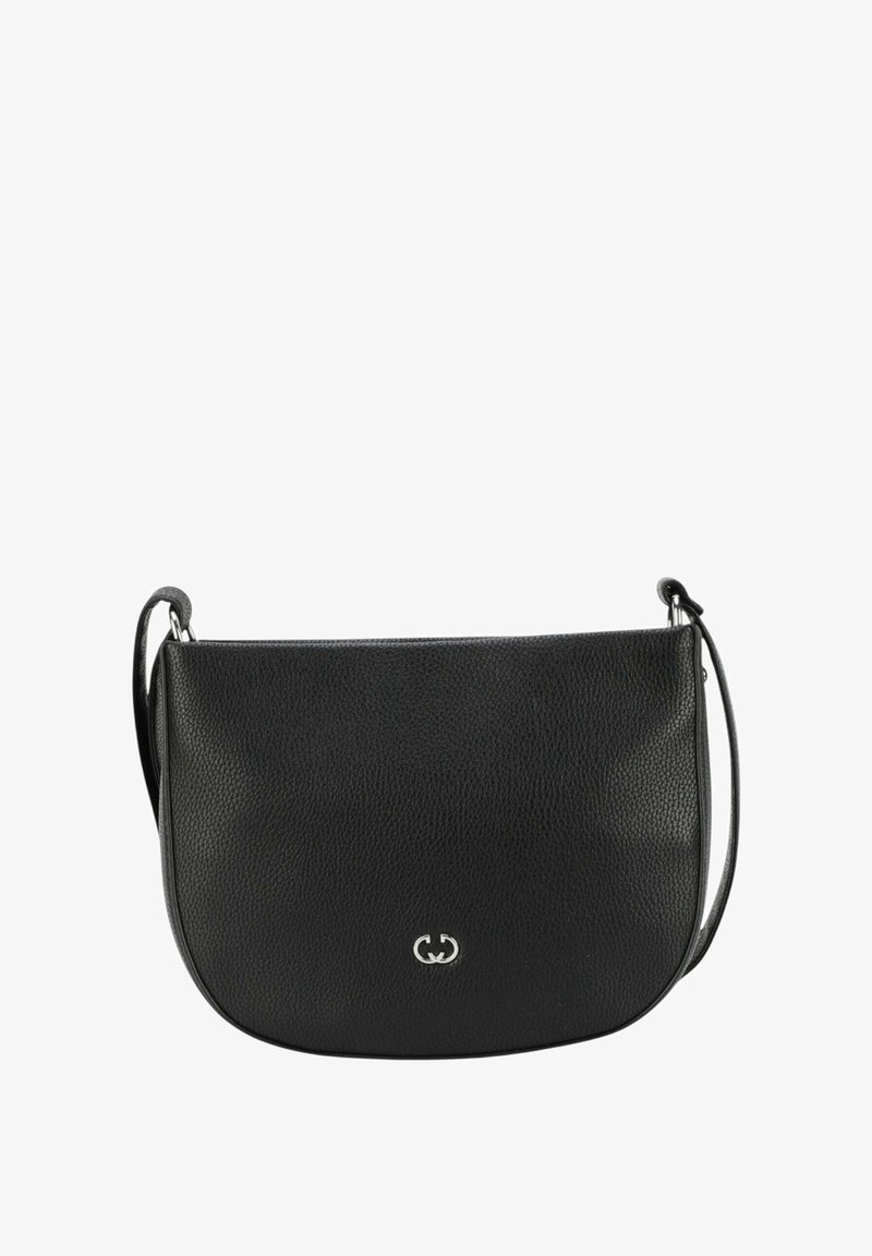 Svart läder axelväska med texturerad yta, silverhardware och en logotypdetalj på framsidan. Justerbar axelrem ingår.