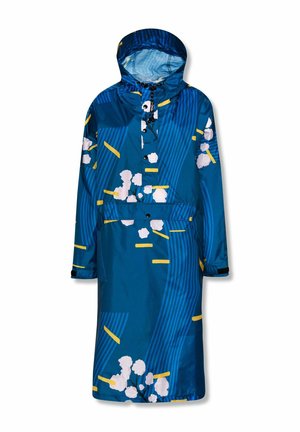 Lange blauwe regenjas met capuchon, knopen aan de voorkant en een zak, met witte bloemmotieven en gele strepen en verstelbare manchetten.