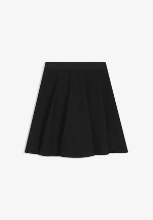 Black flared skirt made of soft fabric, featuring a smooth waistband and knee-length hem, with no visible patterns or hardware.