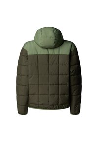 Pufi dzseki, sötétzöld alsó rész, világoszöld felső rész, steppelt mintázat kapucnival, sima textúra, rugalmas mandzsetták és szegély.