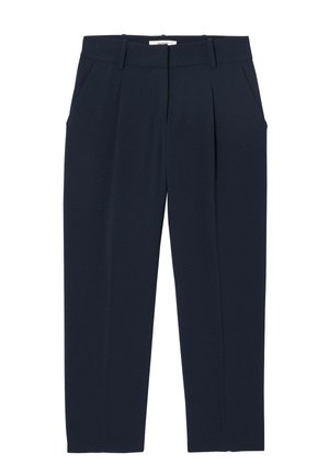 Pantalon bleu marine avec une coupe ajustée, doté de deux poches avant, de plis et d'une texture de tissu lisse. Design à jambe droite.