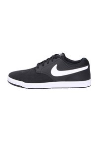 Black athletic shoes with a suede upper, white Nike swoosh, and white sole. Features round laces and padded collar. Low-top design.