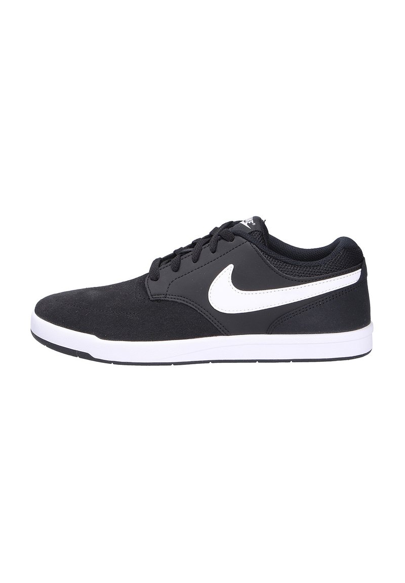 Black athletic shoes with a suede upper, white Nike swoosh, and white sole. Features round laces and padded collar. Low-top design.